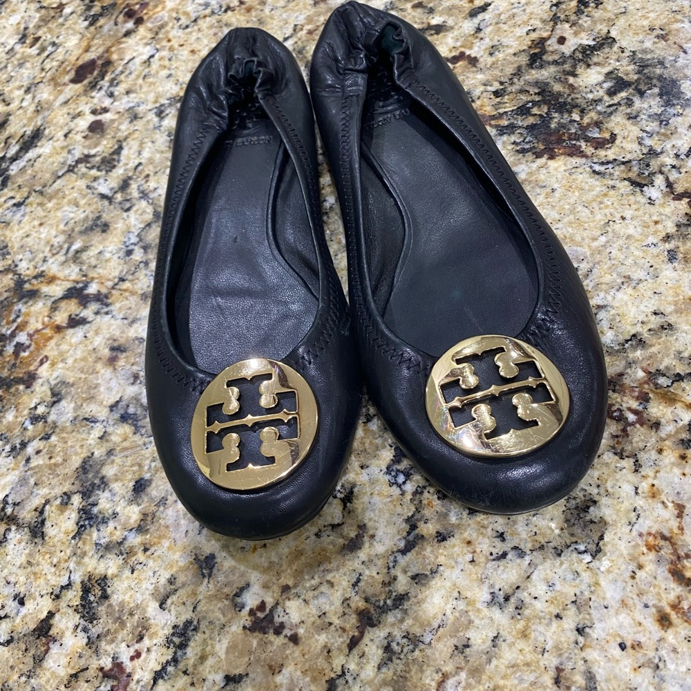 Tory Burch Black and Gold Loafers with Logo